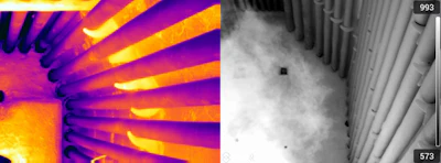 Left: Enhanced 640-resolution detector reveals fine thermal details for faster, more accurate inspections. Right: Redesigned cold filter enables clear visibility through flames, even in the harshest conditions.