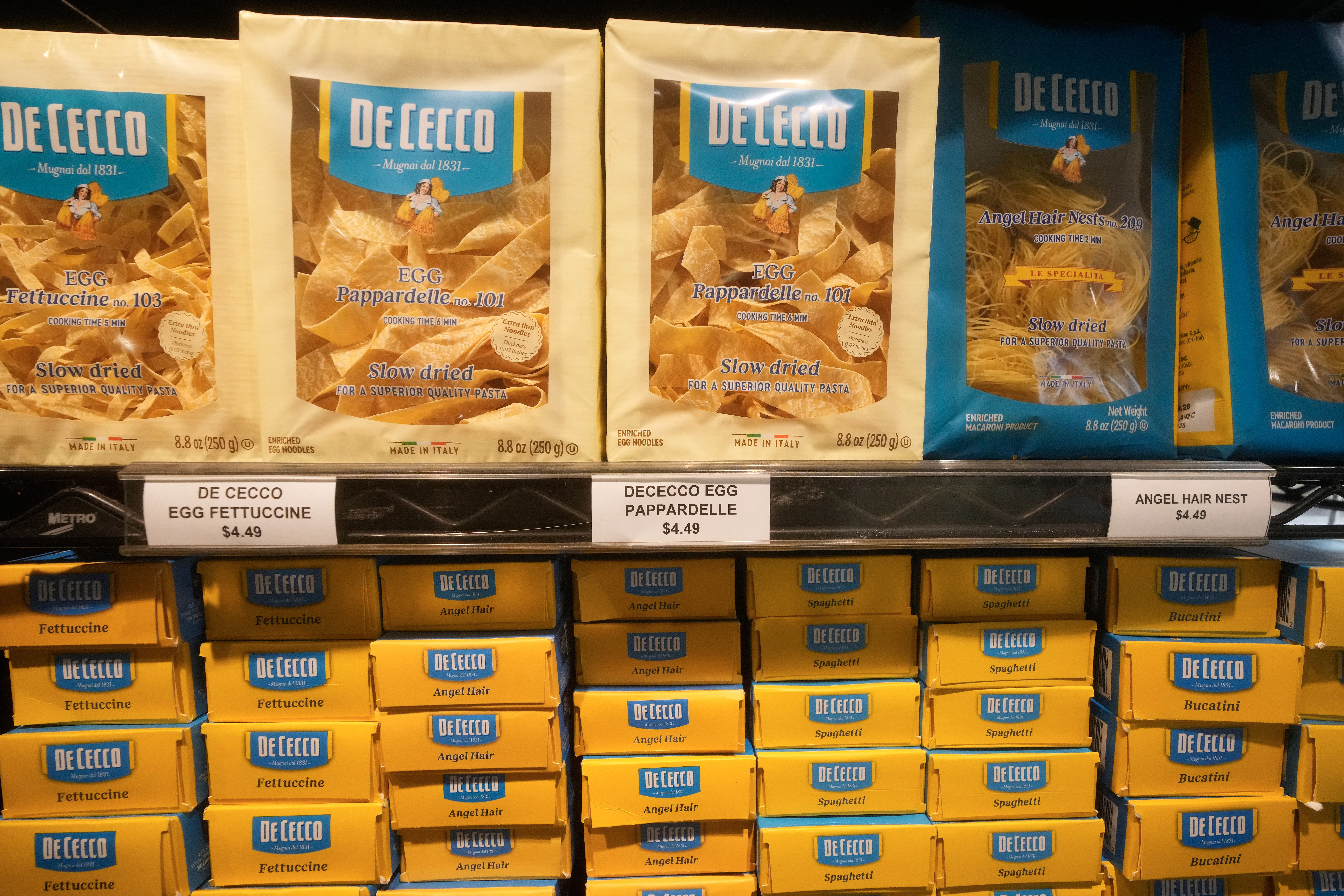 Packages of De Cecco pasta are displayed at Guerra's Italian Market in San Francisco, Nov. 15, 2025.