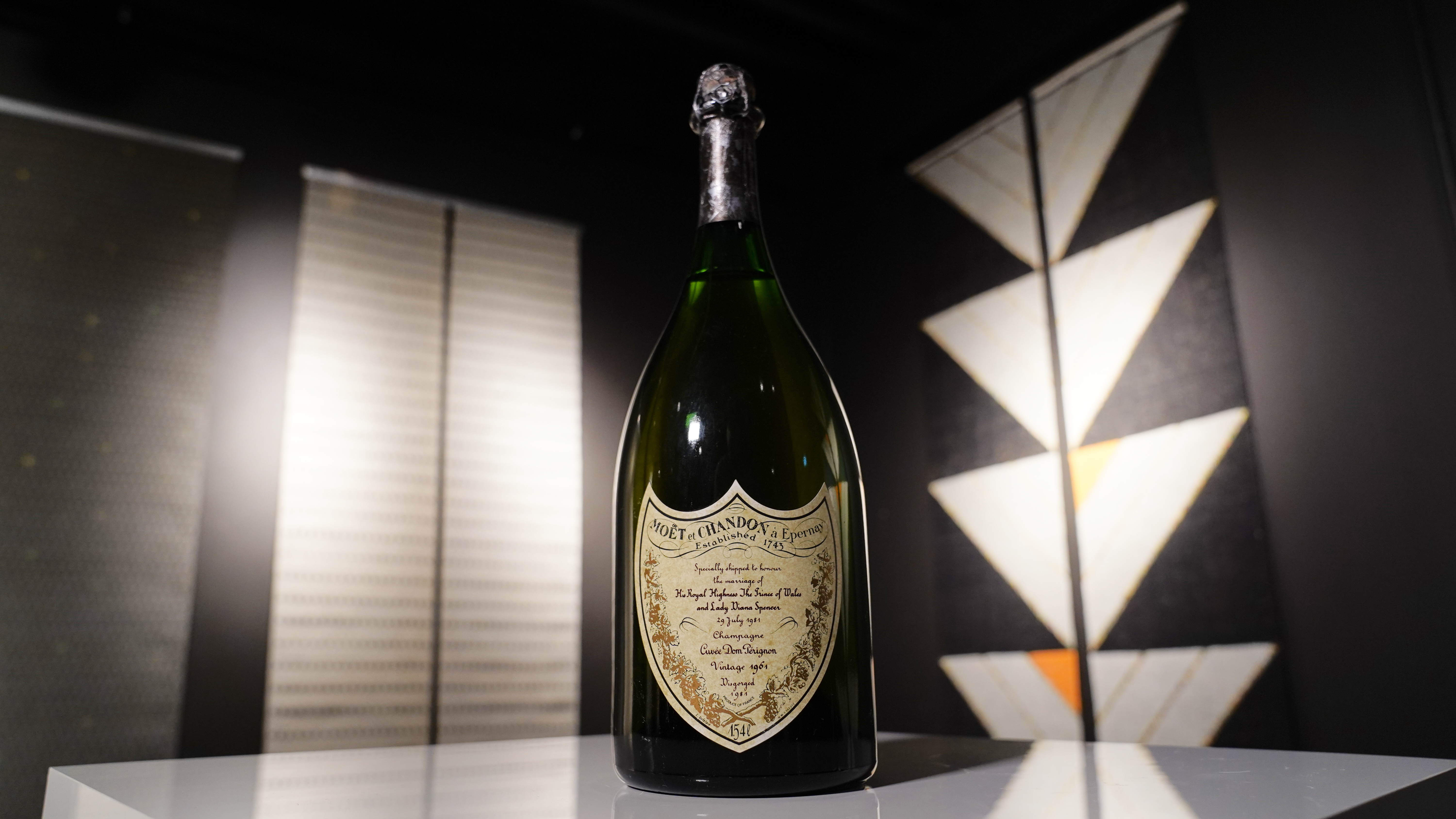 A bottle of Dom Perignon Vintage 1961 champagne, specially produced for wedding of The Prince of Wales and Lady Diana in 1981, pictured in Lyngby, Denmark, Dec. 3, 2025.