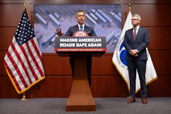 Transportation Secretary Sean Duffy speaks alongside Derek Barrs, administrator of the Federal Motor Carrier Safety Administration, during a news conference in Washington, Dec. 12, 2025.