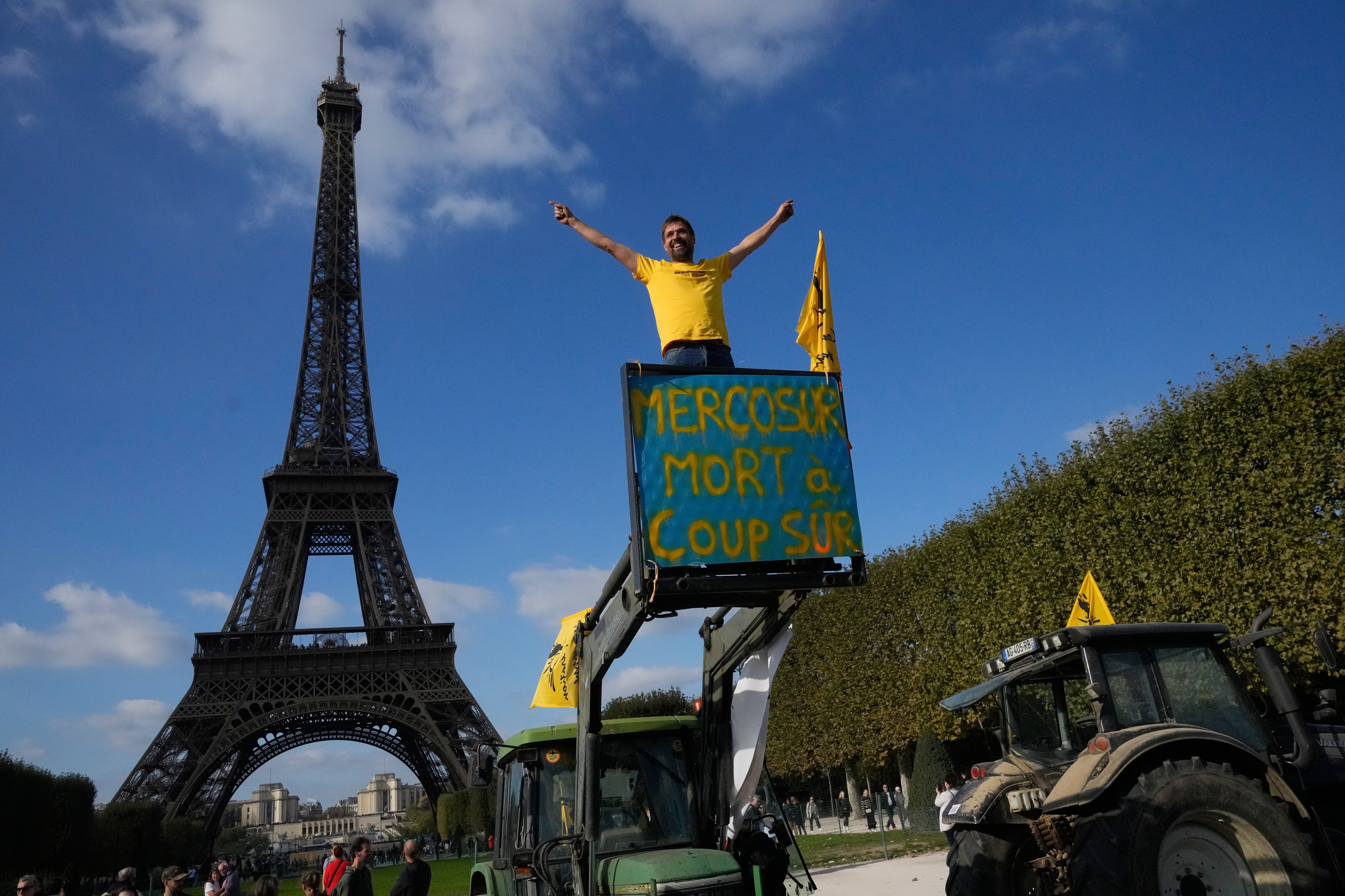 French farmers protest against the Mercosur trade alliance with South America countries, on Oct. 14, 2025 near the Eiffel Tower in Paris.