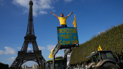 French farmers protest against the Mercosur trade alliance with South America countries, on Oct. 14, 2025 near the Eiffel Tower in Paris.