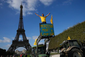 French farmers protest against the Mercosur trade alliance with South America countries, on Oct. 14, 2025 near the Eiffel Tower in Paris.