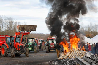 French farmers gather around a fire as they block the highway near Urt, southwestern France, to protest against a mass cull of cows ordered to contain the spread of a skin disease, Dec. 15, 2025.