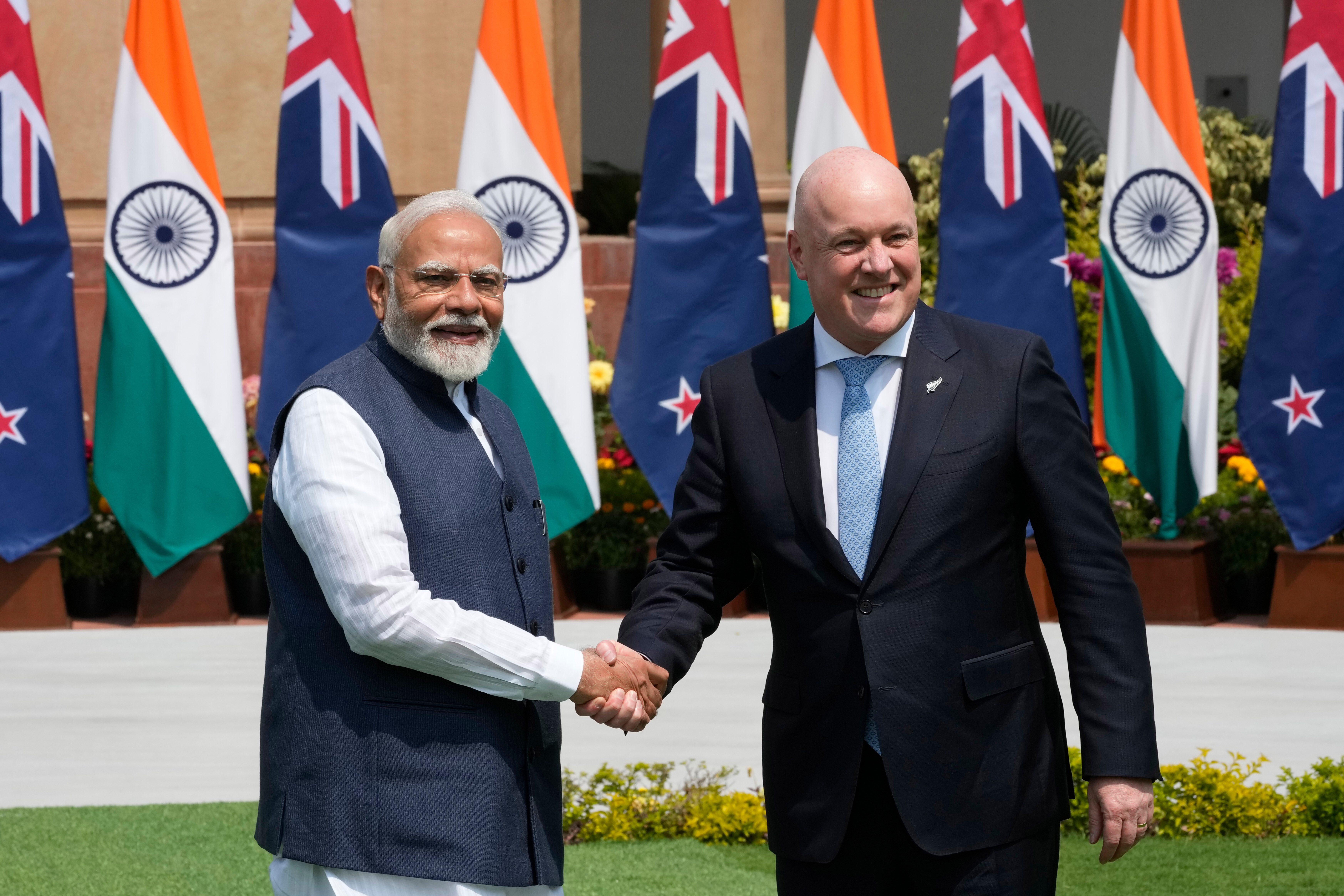 Indian Prime Minister Narendra Modi, left, greets visiting New Zealand Prime Minister Christopher Luxon before their meeting in New Delhi, India, March 17, 2025.