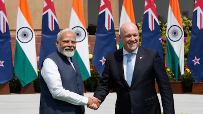 Indian Prime Minister Narendra Modi, left, greets visiting New Zealand Prime Minister Christopher Luxon before their meeting in New Delhi, India, March 17, 2025.