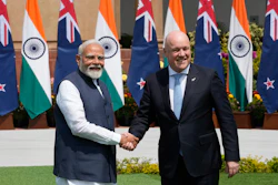 Indian Prime Minister Narendra Modi, left, greets visiting New Zealand Prime Minister Christopher Luxon before their meeting in New Delhi, India, March 17, 2025.
