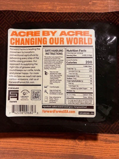 This photo provided by the U.S. Department of Agriculture in December 2025 shows a 16-ounce package of Forward Farms Grass-Fed Ground Beef produced by Mountain West Food Group.