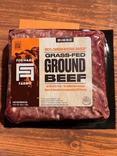 This photo provided by the U.S. Department of Agriculture in December 2025 shows a 16-ounce package of Forward Farms Grass-Fed Ground Beef produced by Mountain West Food Group.