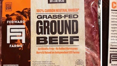 This combination of photos provided by the U.S. Department of Agriculture in December 2025 shows a 16-ounce package of Forward Farms Grass-Fed Ground Beef produced by Mountain West Food Group.