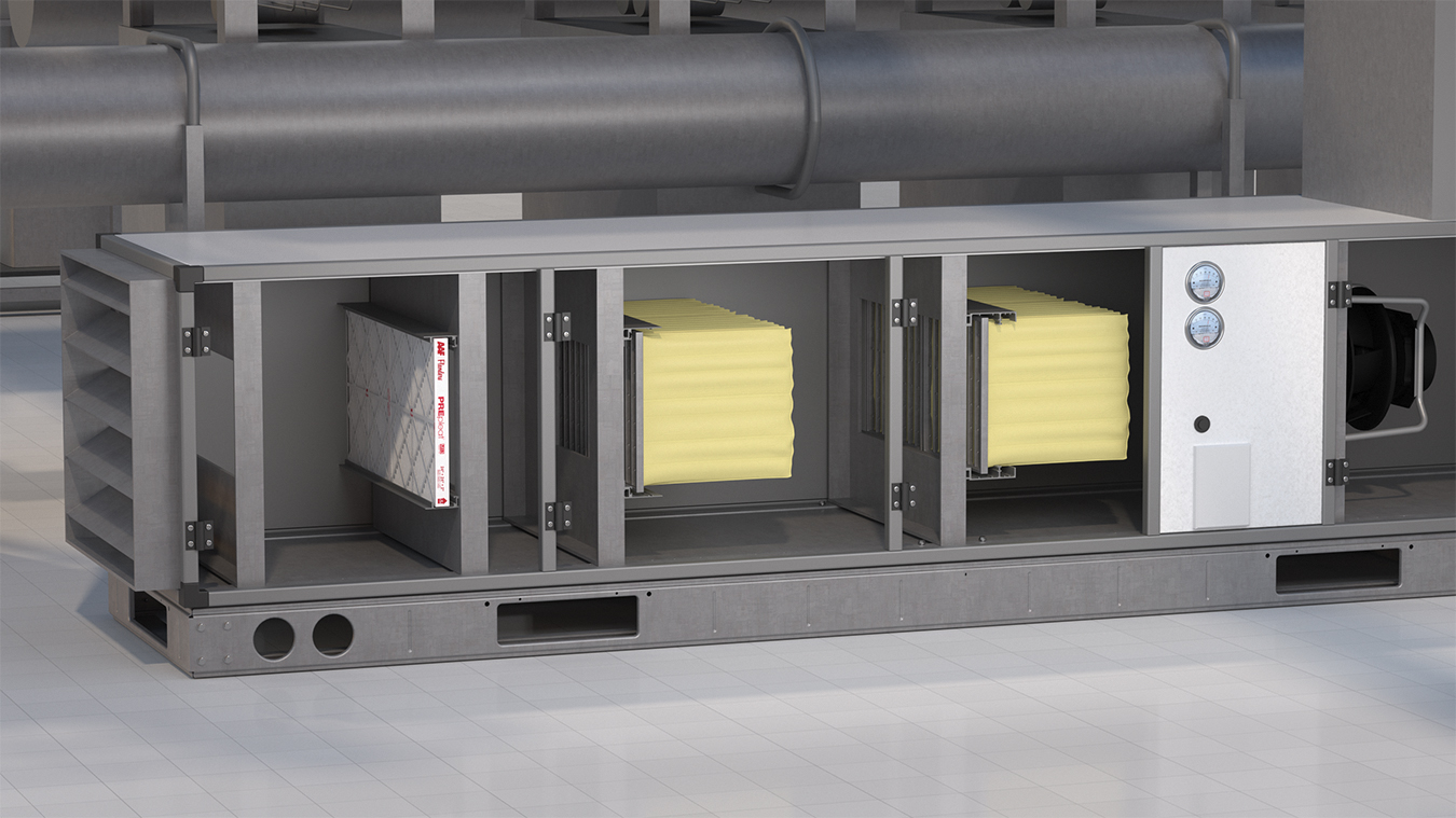 A cutaway of an air handling unit commonly found in food processing environments, showing the layered filtration stages that maintain product safety.