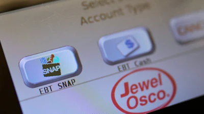 An EBT SNAP sign is shown on a self check out screen at a grocery store in Mount Prospect, Ill., Nov. 1, 2025.