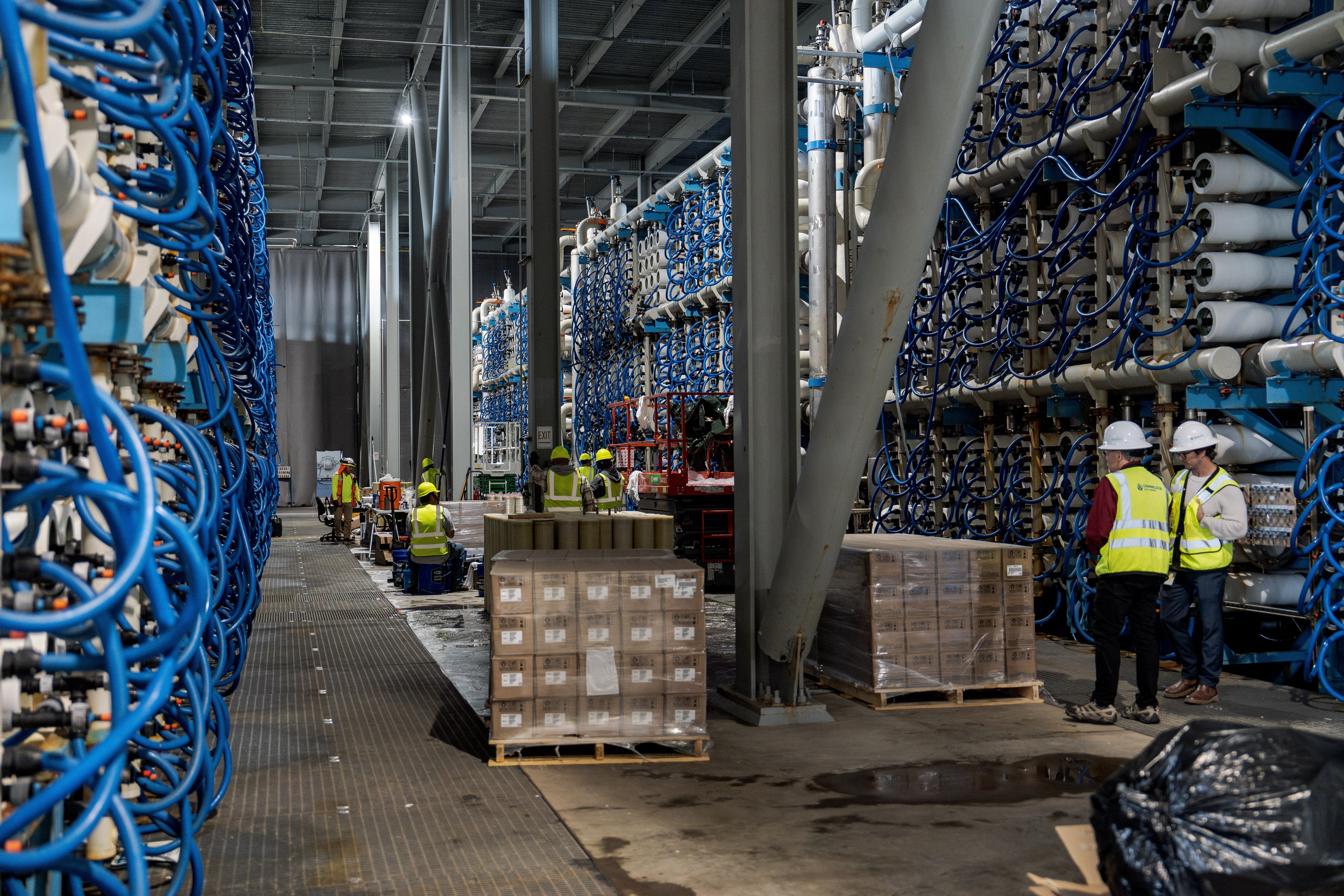 Reverse osmosis machinery operates at the Carlsbad desalination plant in Carlsbad, Calif., Dec. 2, 2025.
