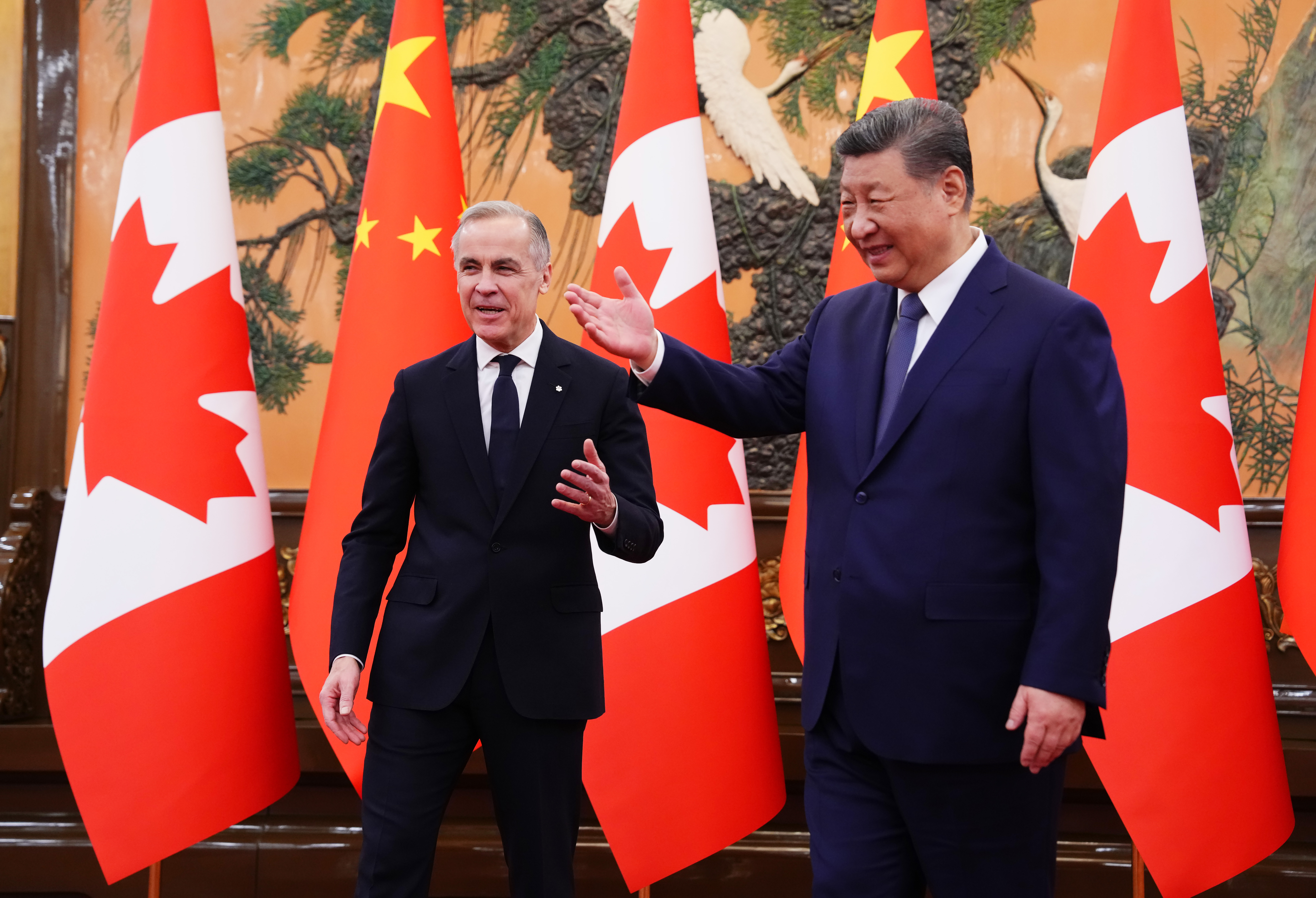 Canadian Prime Minister Mark Carney, left, meets with President of China Xi Jinping at the Great Hall of the People in Beijing, Jan. 16, 2026.