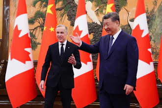 Canadian Prime Minister Mark Carney, left, meets with President of China Xi Jinping at the Great Hall of the People in Beijing, Jan. 16, 2026.