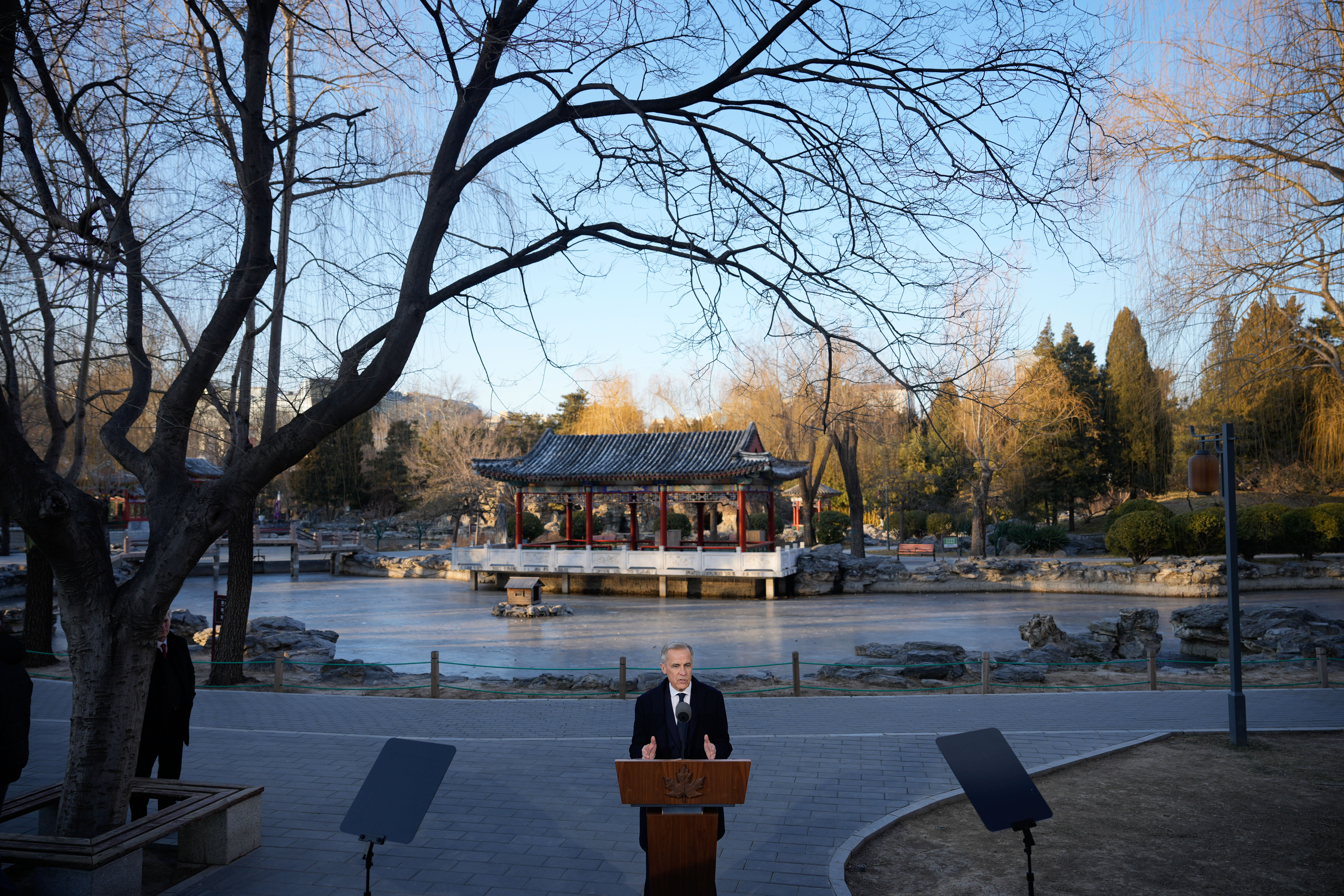 Canada's Prime Minister Mark Carney, speaks to the media at Ritan Park, Beijing, Jan. 16, 2026.