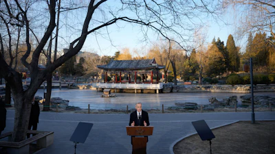 Canada's Prime Minister Mark Carney, speaks to the media at Ritan Park, Beijing, Jan. 16, 2026.