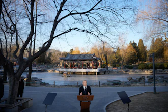 Canada's Prime Minister Mark Carney, speaks to the media at Ritan Park, Beijing, Jan. 16, 2026.