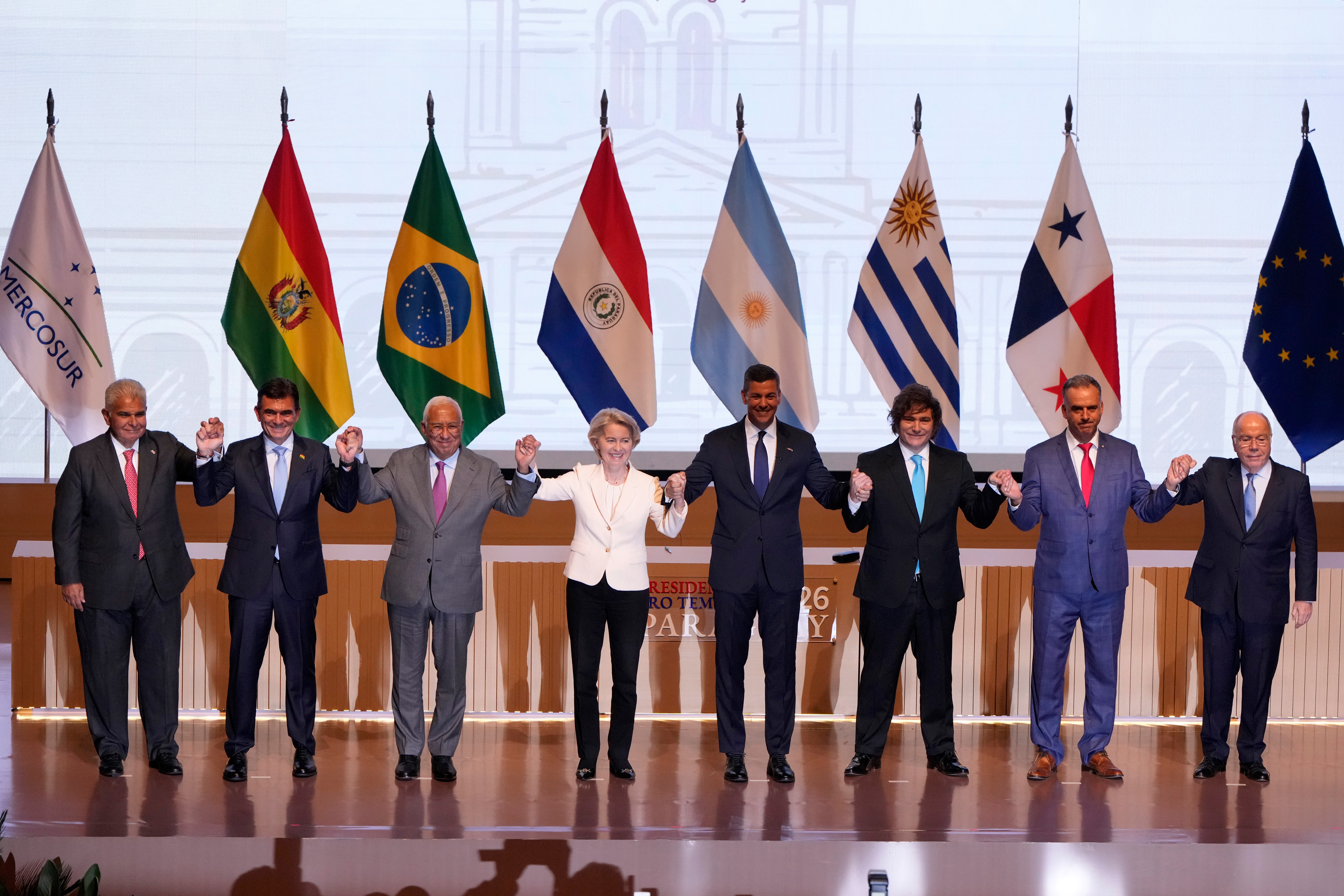 Leaders from Mercosur and EU nations pose for a group photo during a meeting to sign a free trade deal, Asuncion, Paraguay, Jan. 17, 2026.