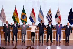 Leaders from Mercosur and EU nations pose for a group photo during a meeting to sign a free trade deal, Asuncion, Paraguay, Jan. 17, 2026.