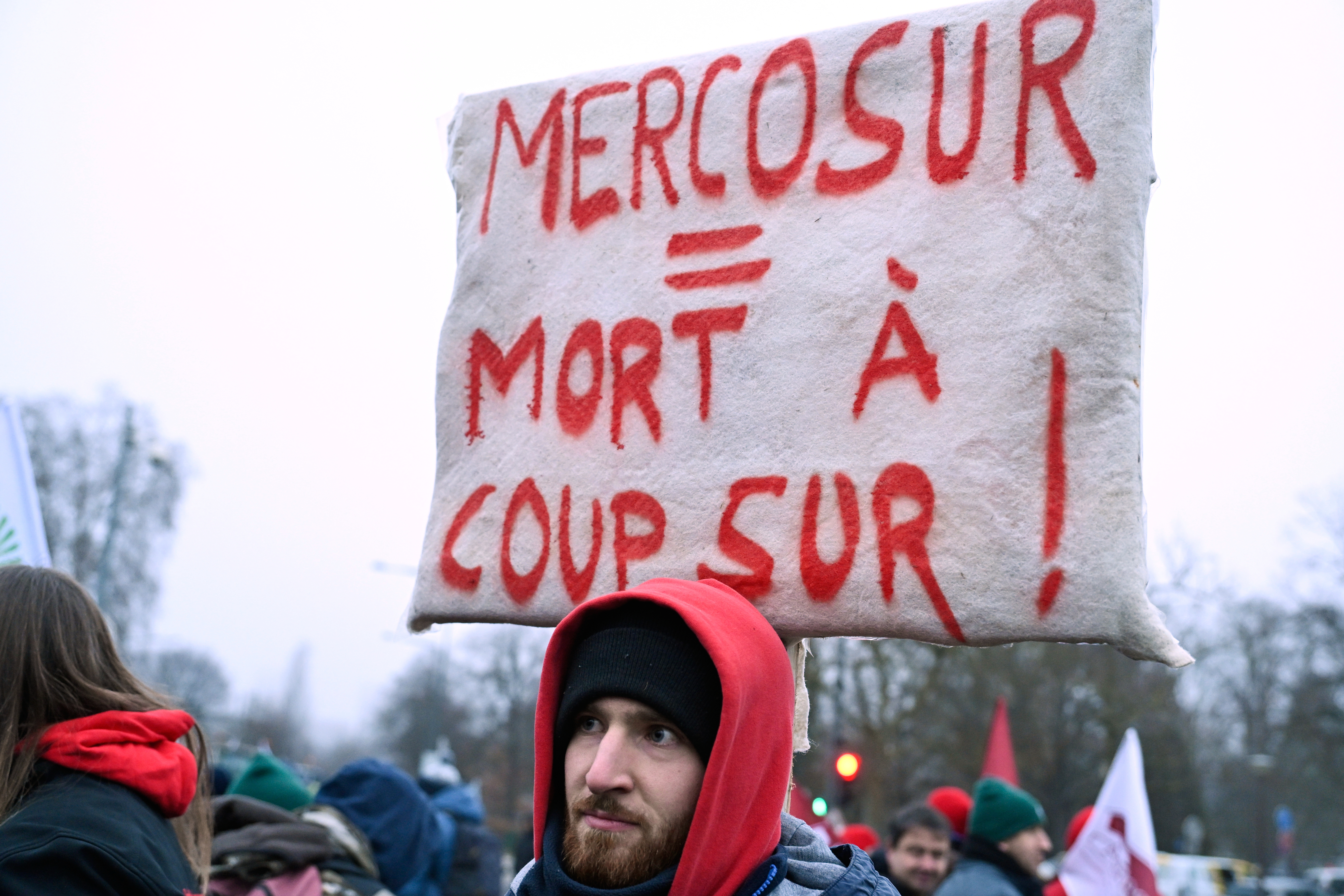 A man holds up a sign outside the European Parliament in Strasbourg, France, Jan. 20, 2026.