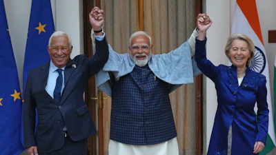 Indian Prime Minister Narendra Modi, center, with European Council President Antonio Costa, left and European Commission President Ursula von der Leyen in New Delhi, Jan. 27,2026.