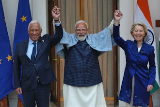 Indian Prime Minister Narendra Modi, center, with European Council President Antonio Costa, left and European Commission President Ursula von der Leyen in New Delhi, Jan. 27,2026.