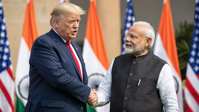 President Donald Trump and Indian Prime Minister Narendra Modi shake hands before their meeting at Hyderabad House, New Delhi, India, Feb. 25, 2020.