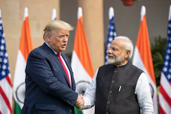 President Donald Trump and Indian Prime Minister Narendra Modi shake hands before their meeting at Hyderabad House, New Delhi, India, Feb. 25, 2020.