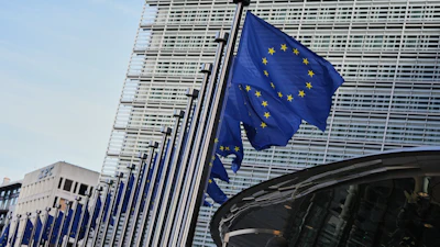 European Union flags outside of EU headquarters in Brussels, Nov. 4, 2025.