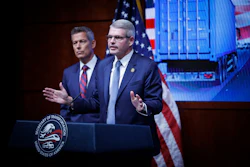 Federal Motor Carrier Safety Administrator Derek Barrs speaks beside Transportation Secretary Sean Duffy, left, during a news conference at the U.S. Department of Transportation, Feb. 20, 2026, Washington.