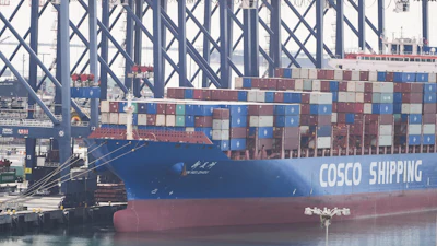 A ship is docked at the Port of Long Beach, Feb. 20, 2026, Long Beach, Calif.