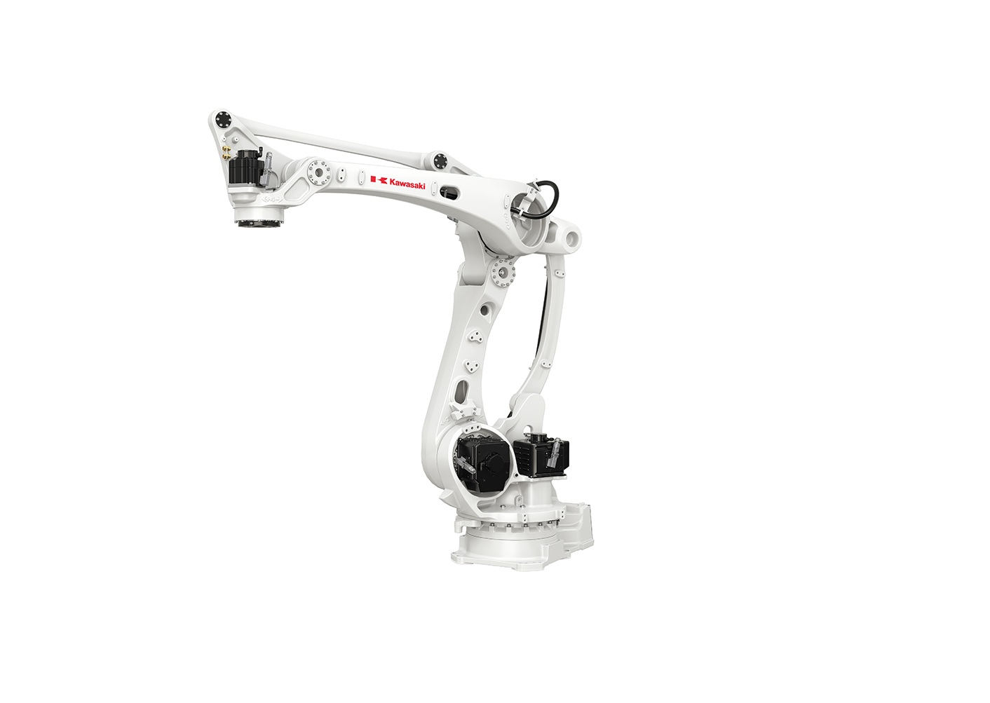 White Kawasaki industrial robotic arm with articulated joints