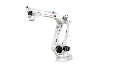 White Kawasaki industrial robotic arm with articulated joints