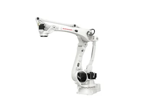 White Kawasaki industrial robotic arm with articulated joints