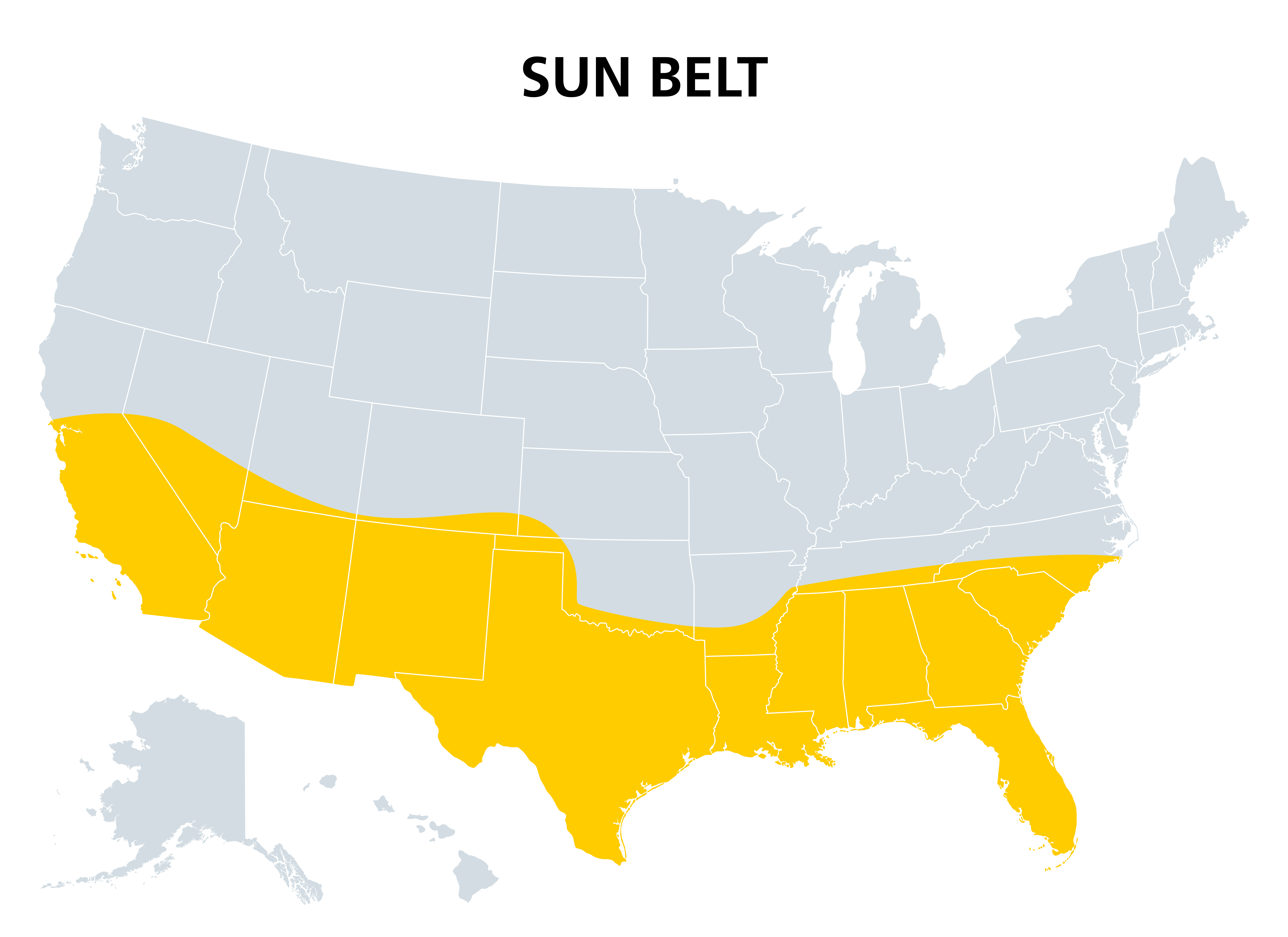 Map of the United States highlighting the Sun Belt region in yellow