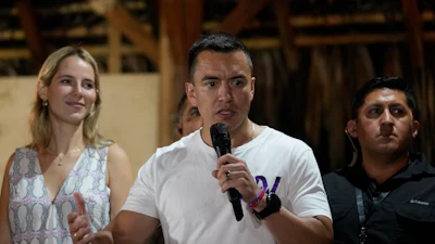 Then-presidential candidate Daniel Noboa speaks in Olon, Ecuador, Oct. 15, 2023.