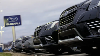 Subarus at a dealership on the Bedford Auto Mile, Bedford, Ohio, Feb. 20, 2026.