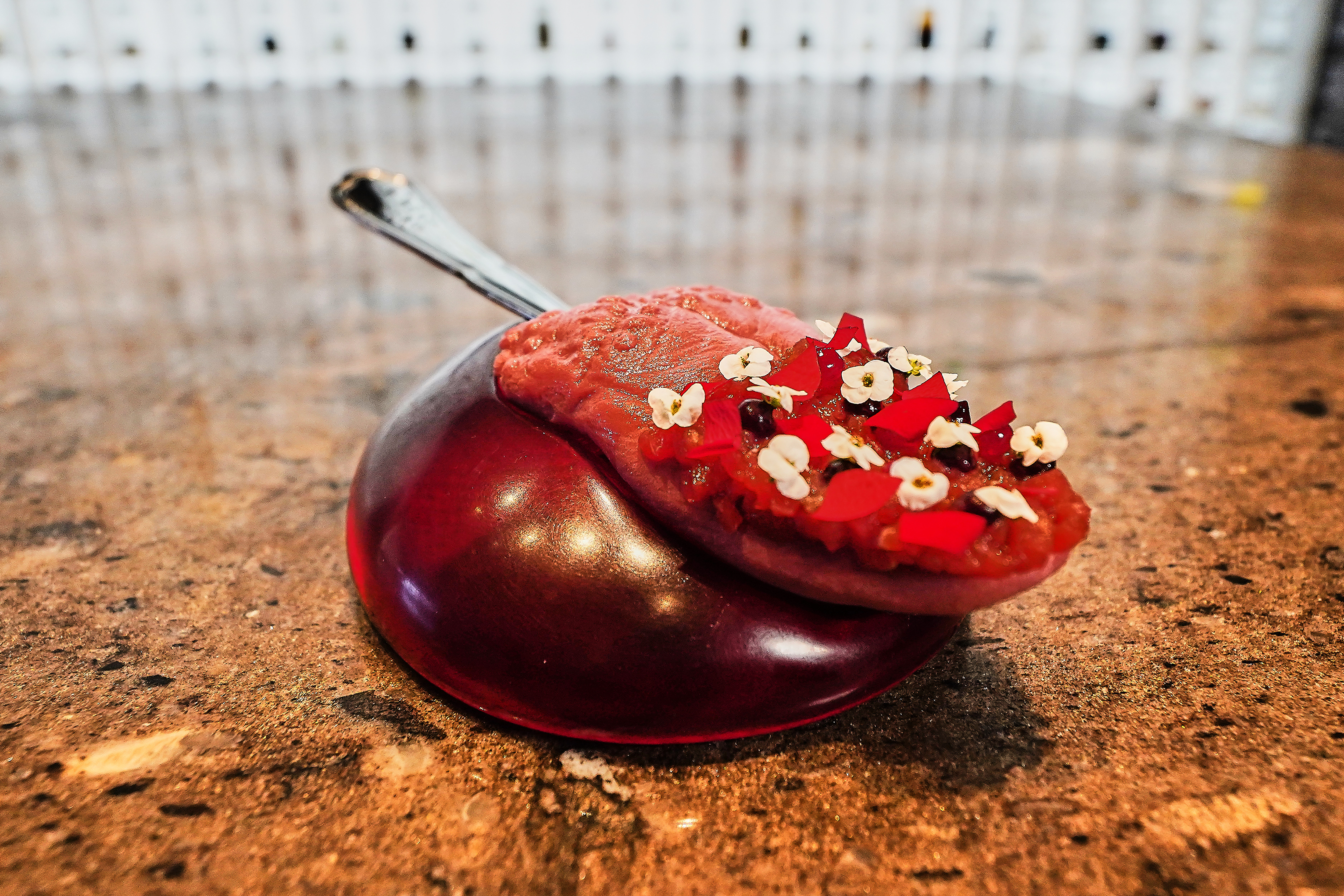 A dish named 'Tongue Kiss' served at restaurant Alchemist in Copenhagen, Feb. 11, 2026.