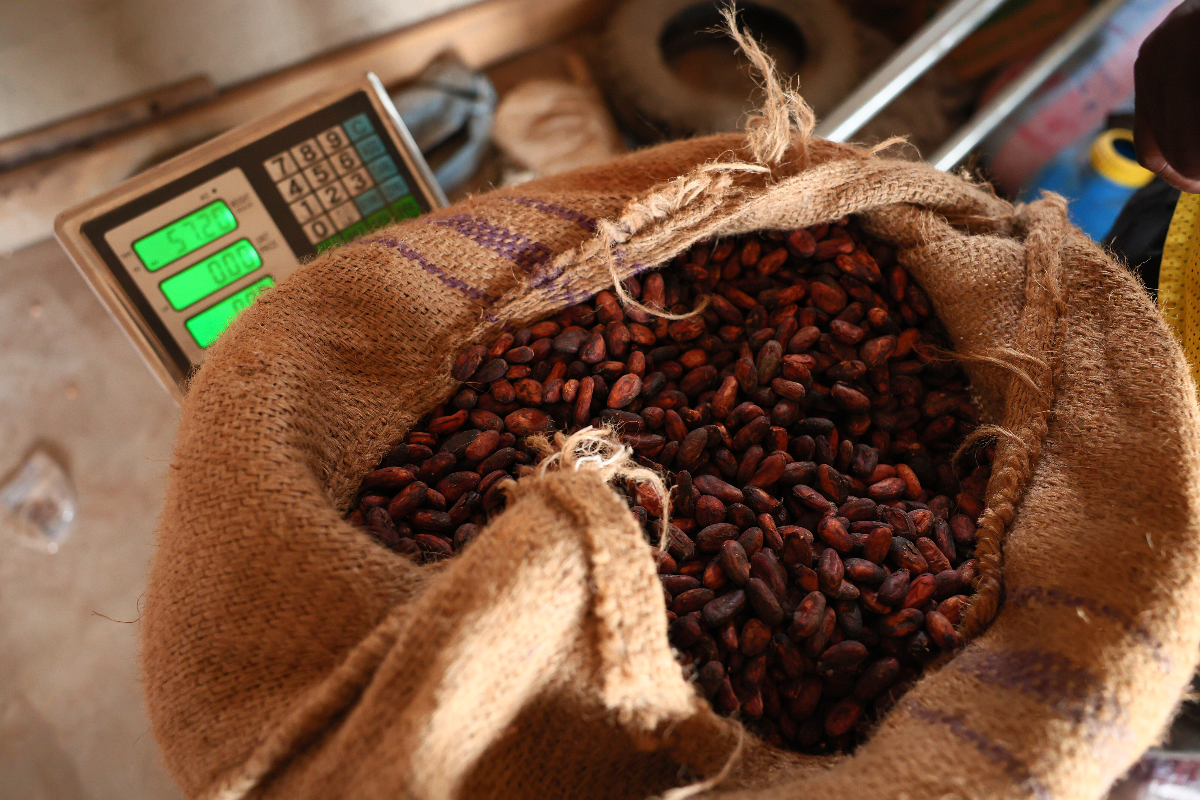 Cocoa beans in a storage facility in Kona, Ghana, March 6, 2026.