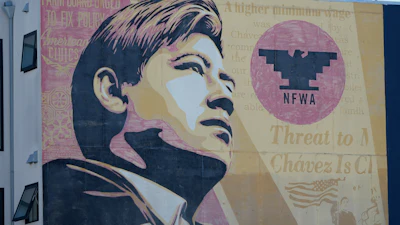 An image of César Chavez on a mural in San Francisco, March 18, 2026.