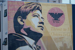 An image of César Chavez on a mural in San Francisco, March 18, 2026.