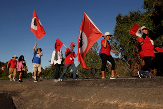 United Farm Workers members march along River Road from Walnut Grove, Calif., to Elk Grove, Calif., Aug. 24, 2022.