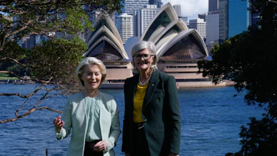 President of the European Commission Ursula von der Leyen, left, and Governor-General of Australia Sam Mostyn at Admiralty House in Sydney, March 23, 2026.