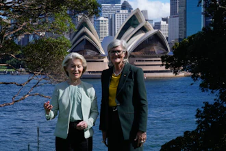 President of the European Commission Ursula von der Leyen, left, and Governor-General of Australia Sam Mostyn at Admiralty House in Sydney, March 23, 2026.