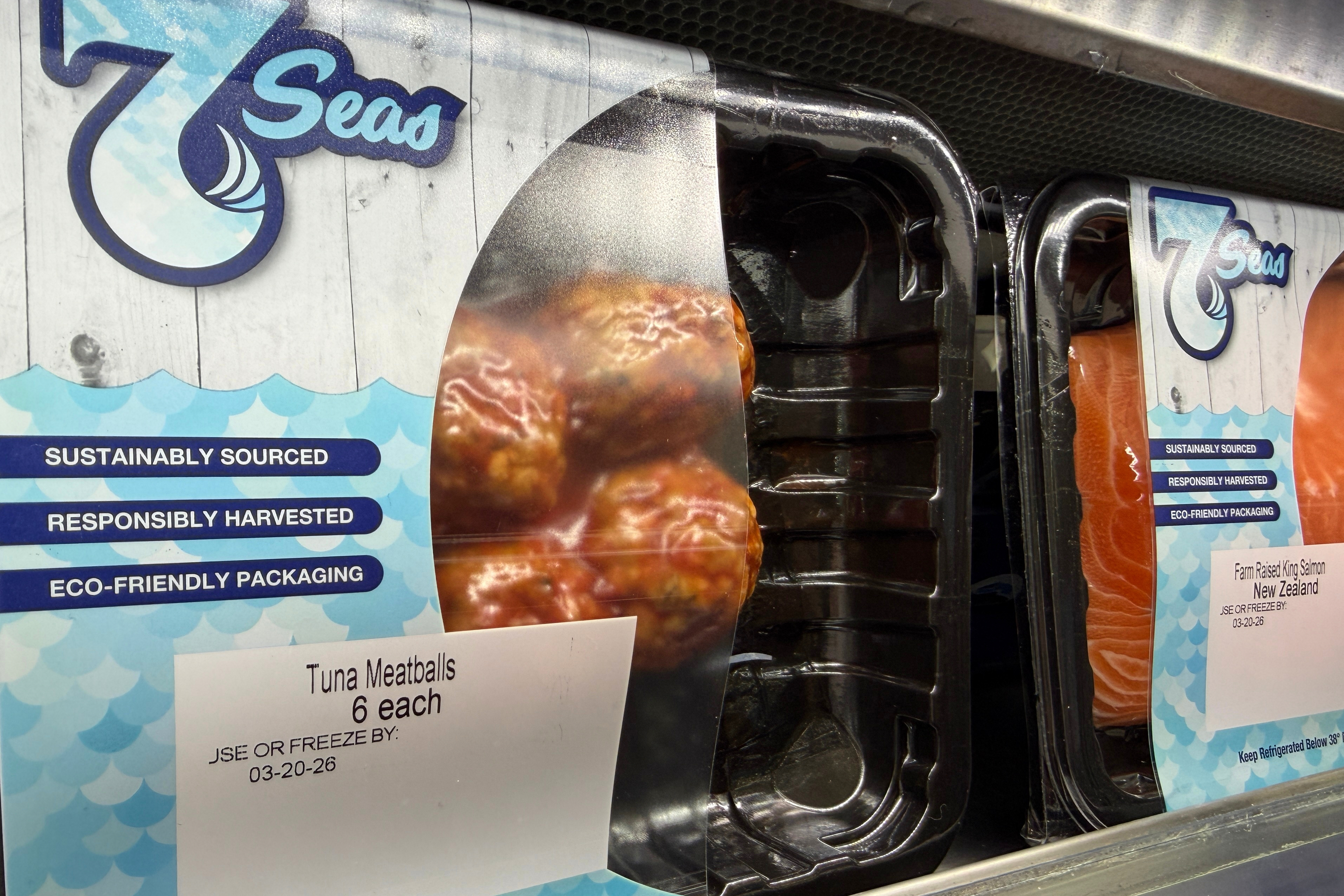 Tuna meatballs displayed at the Seafood Expo North America, Boston, March 17, 2026.