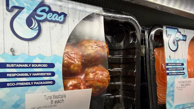 Tuna meatballs displayed at the Seafood Expo North America, Boston, March 17, 2026.