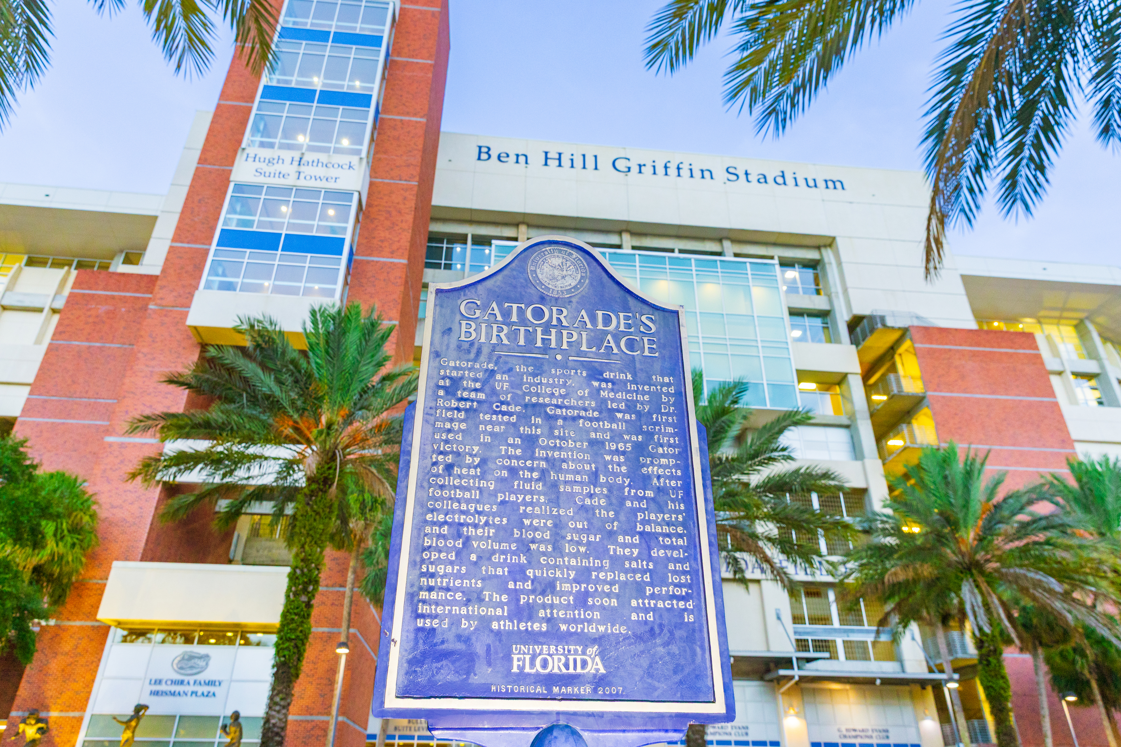Plaque marking the invention of Gatorade outside Ben Hill Griffin Stadium, Gainesville, Fla., Oct. 2025.