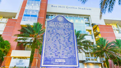 Plaque marking the invention of Gatorade outside Ben Hill Griffin Stadium, Gainesville, Fla., Oct. 2025.