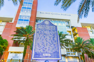 Plaque marking the invention of Gatorade outside Ben Hill Griffin Stadium, Gainesville, Fla., Oct. 2025.
